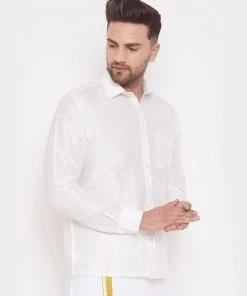 Vastramay Men's & Boys White Solid Silk Blend Full Sleeve Ethnic Shirt