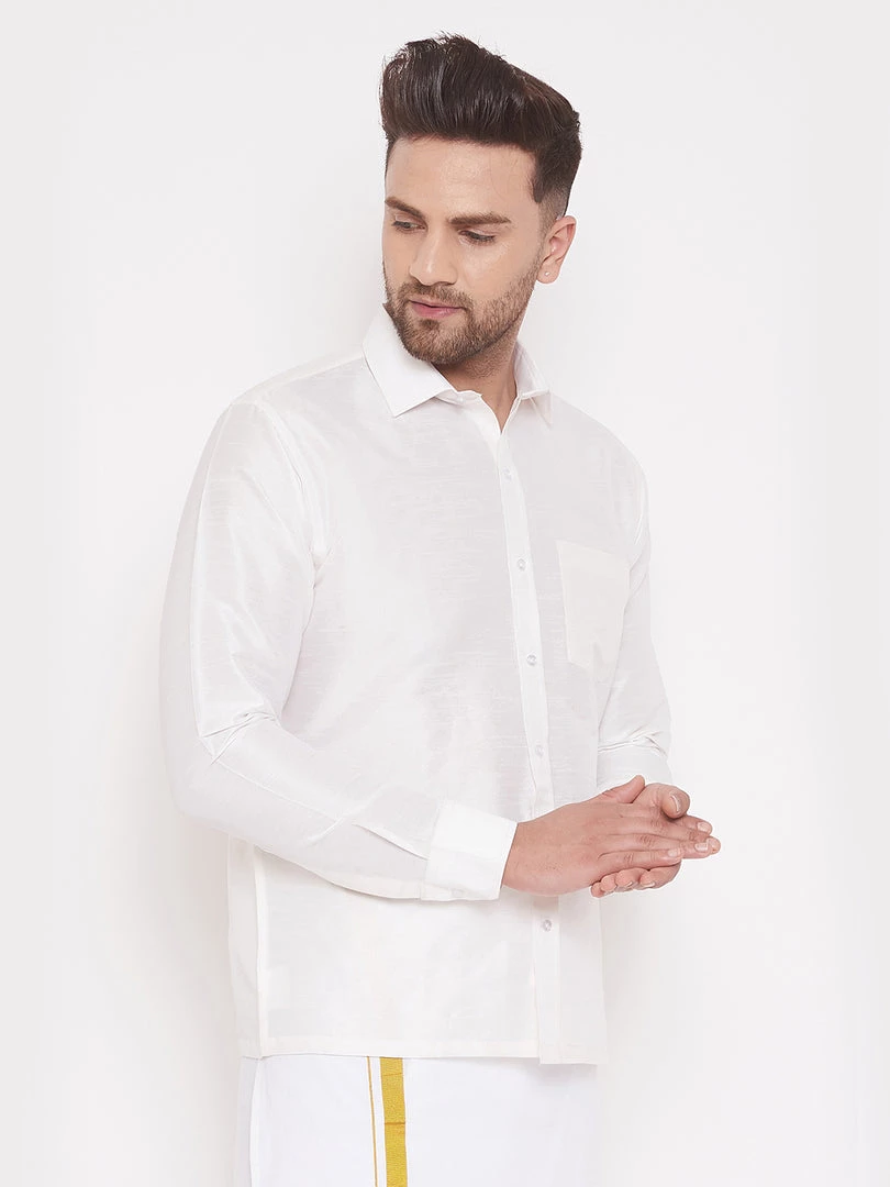 Vastramay Men's & Boys White Solid Silk Blend Full Sleeve Ethnic Shirt 4 Vastramay Men's & Boys White Solid Silk Blend Full Sleeve Ethnic Shirt