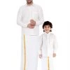 Vastramay Shirt Mundu Set Men's & Boys White Solid Silk Blend Full Sleeve Ethnic Shirt And Mundu Set