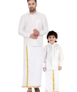 Vastramay Shirt Mundu Set Men's & Boys White Solid Silk Blend Full Sleeve Ethnic Shirt And Mundu Set
