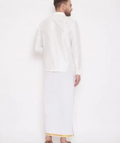 Vastramay Shirt Mundu Set Men's & Boys White Solid Silk Blend Full Sleeve Ethnic Shirt And Mundu Set