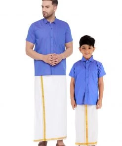 Vastramay Blue And White Cotton Blend Baap Beta Ethnic Shirt And Mundu Set Shirt Mundu Set