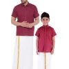 Vastramay Men's & Boys Maroon Solid Cotton Blend Half Sleeve Ethnic Shirt And Mundu Set Shirt Mundu Set