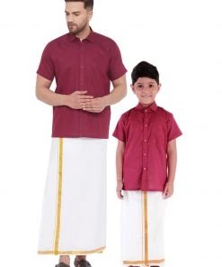 Vastramay Men's & Boys Maroon Solid Cotton Blend Half Sleeve Ethnic Shirt And Mundu Set Shirt Mundu Set