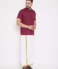 Vastramay Men's & Boys Maroon Solid Cotton Blend Half Sleeve Ethnic Shirt And Mundu Set Shirt Mundu Set
