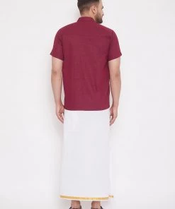Vastramay Men's & Boys Maroon Solid Cotton Blend Half Sleeve Ethnic Shirt And Mundu Set Shirt Mundu Set