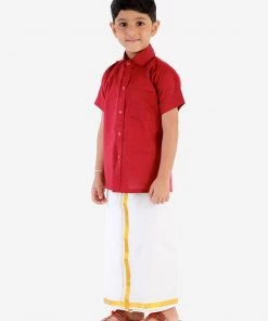 Vastramay Men's & Boys Maroon Solid Cotton Blend Half Sleeve Ethnic Shirt And Mundu Set Shirt Mundu Set