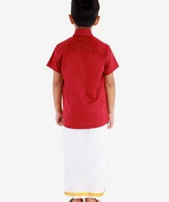 Vastramay Men's & Boys Maroon Solid Cotton Blend Half Sleeve Ethnic Shirt And Mundu Set Shirt Mundu Set