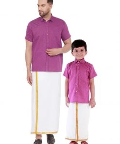 Vastramay Shirt Mundu Set Men's & Boys Pink Solid Cotton Blend Half Sleeve Ethnic Shirt And Mundu Set