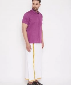 Vastramay Shirt Mundu Set Men's & Boys Pink Solid Cotton Blend Half Sleeve Ethnic Shirt And Mundu Set