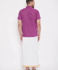 Vastramay Shirt Mundu Set Men's & Boys Pink Solid Cotton Blend Half Sleeve Ethnic Shirt And Mundu Set