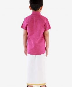 Vastramay Shirt Mundu Set Men's & Boys Pink Solid Cotton Blend Half Sleeve Ethnic Shirt And Mundu Set