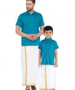Vastramay Turquoise And White Cotton Blend Baap Beta Ethnic Shirt And Mundu Set Shirt Mundu Set