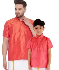 Vastramay Men's & Boys Red Solid Silk Blend Half Sleeve Ethnic Shirt