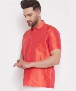 Vastramay Men's & Boys Red Solid Silk Blend Half Sleeve Ethnic Shirt