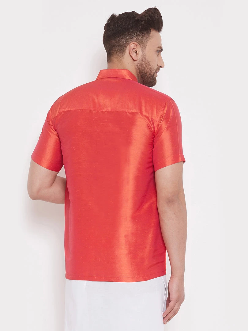 Vastramay Men's & Boys Red Solid Silk Blend Half Sleeve Ethnic Shirt 5 Vastramay Men's & Boys Red Solid Silk Blend Half Sleeve Ethnic Shirt