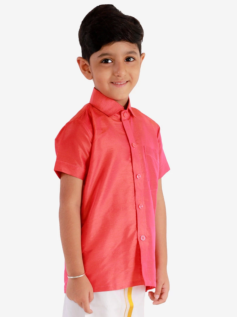 Vastramay Men's & Boys Red Solid Silk Blend Half Sleeve Ethnic Shirt 6 Vastramay Men's & Boys Red Solid Silk Blend Half Sleeve Ethnic Shirt