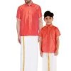 Vastramay Shirt Mundu Set Men's & Boys Red Solid Silk Blend Half Sleeve Ethnic Shirt And Mundu Set