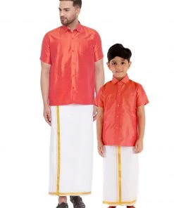 Vastramay Shirt Mundu Set Men's & Boys Red Solid Silk Blend Half Sleeve Ethnic Shirt And Mundu Set