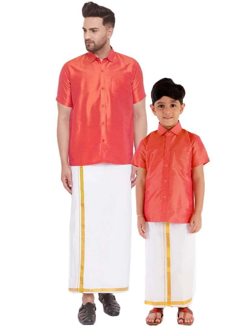 Vastramay Shirt Mundu Set Men's & Boys Red Solid Silk Blend Half Sleeve Ethnic Shirt And Mundu Set 3 Vastramay Shirt Mundu Set Men's & Boys Red Solid Silk Blend Half Sleeve Ethnic Shirt And Mundu Set