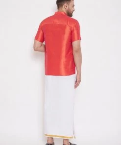 Vastramay Shirt Mundu Set Men's & Boys Red Solid Silk Blend Half Sleeve Ethnic Shirt And Mundu Set 10 Vastramay Shirt Mundu Set Men's & Boys Red Solid Silk Blend Half Sleeve Ethnic Shirt And Mundu Set