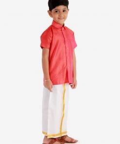 Vastramay Shirt Mundu Set Men's & Boys Red Solid Silk Blend Half Sleeve Ethnic Shirt And Mundu Set 11 Vastramay Shirt Mundu Set Men's & Boys Red Solid Silk Blend Half Sleeve Ethnic Shirt And Mundu Set