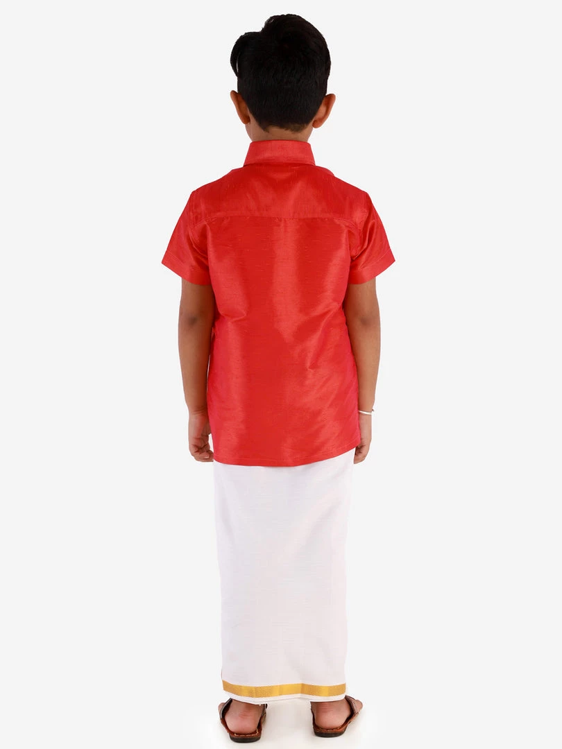 Vastramay Shirt Mundu Set Men's & Boys Red Solid Silk Blend Half Sleeve Ethnic Shirt And Mundu Set 7 Vastramay Shirt Mundu Set Men's & Boys Red Solid Silk Blend Half Sleeve Ethnic Shirt And Mundu Set