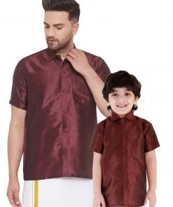 Vastramay Wine Silk Blend Baap Beta Ethnic Shirt Set