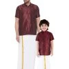 Vastramay Shirt Mundu Set Men's & Boys Wine Solid Silk Blend Half Sleeve Ethnic Shirt And Mundu Set