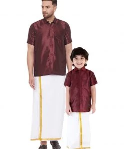 Vastramay Shirt Mundu Set Men's & Boys Wine Solid Silk Blend Half Sleeve Ethnic Shirt And Mundu Set