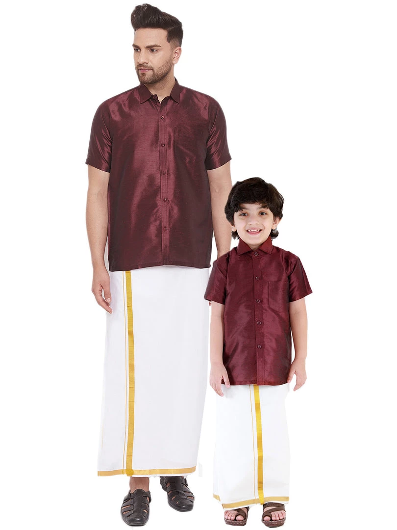 Vastramay Shirt Mundu Set Men's & Boys Wine Solid Silk Blend Half Sleeve Ethnic Shirt And Mundu Set 3 Vastramay Shirt Mundu Set Men's & Boys Wine Solid Silk Blend Half Sleeve Ethnic Shirt And Mundu Set