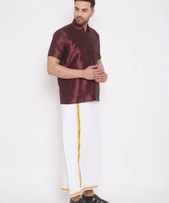 Vastramay Shirt Mundu Set Men's & Boys Wine Solid Silk Blend Half Sleeve Ethnic Shirt And Mundu Set