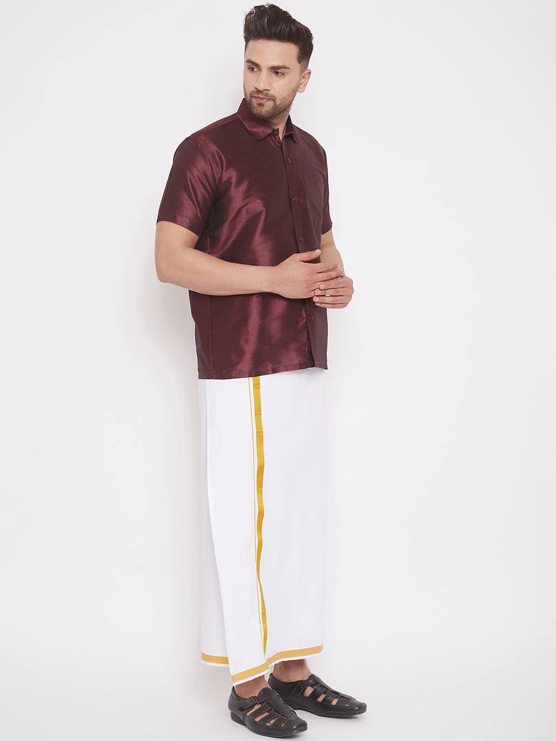 Vastramay Shirt Mundu Set Men's & Boys Wine Solid Silk Blend Half Sleeve Ethnic Shirt And Mundu Set 4 Vastramay Shirt Mundu Set Men's & Boys Wine Solid Silk Blend Half Sleeve Ethnic Shirt And Mundu Set