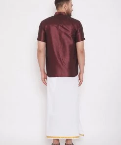 Vastramay Shirt Mundu Set Men's & Boys Wine Solid Silk Blend Half Sleeve Ethnic Shirt And Mundu Set 10 Vastramay Shirt Mundu Set Men's & Boys Wine Solid Silk Blend Half Sleeve Ethnic Shirt And Mundu Set