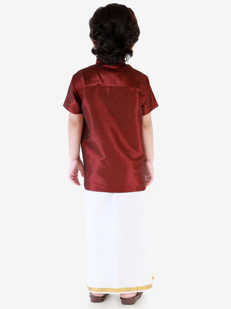 Vastramay Shirt Mundu Set Men's & Boys Wine Solid Silk Blend Half Sleeve Ethnic Shirt And Mundu Set 7 Vastramay Shirt Mundu Set Men's & Boys Wine Solid Silk Blend Half Sleeve Ethnic Shirt And Mundu Set
