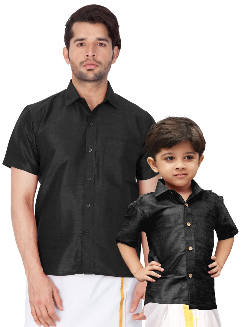 Vastramay Black Silk Blend Baap Beta Shirt Set 3 Vastramay Black Silk Blend Baap Beta Shirt Set