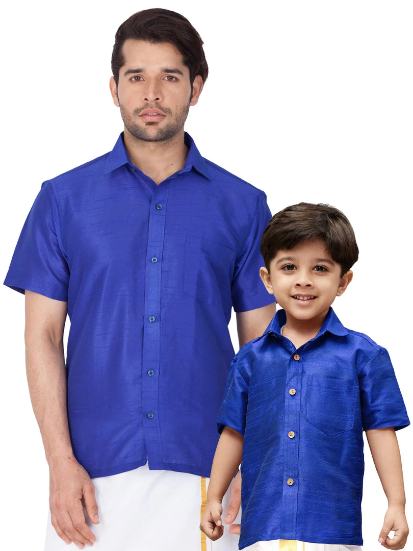 Vastramay Blue Silk Blend Baap Beta Shirt Set 3 Vastramay Blue Silk Blend Baap Beta Shirt Set