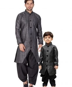 Sherwani/Indowestern Vastramay Silk Blend Grey Baap Beta Sherwani Set