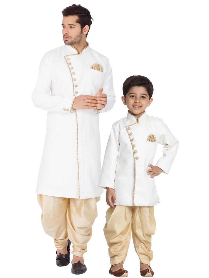 Vastramay Cotton Blend White And Gold Baap Beta Sherwani Set Sherwani/Indowestern 3 Vastramay Cotton Blend White And Gold Baap Beta Sherwani Set Sherwani/Indowestern