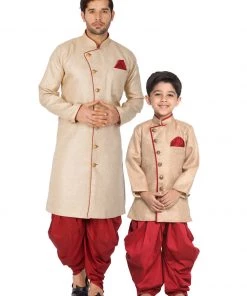 Vastramay Cotton Blend Brown And Maroon Baap Beta Sherwani Sherwani/Indowestern