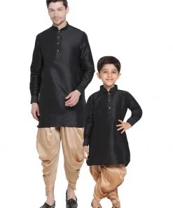 Vastramay Silk Blend Black And Rose Gold Baap Beta Dhoti Kurta Set