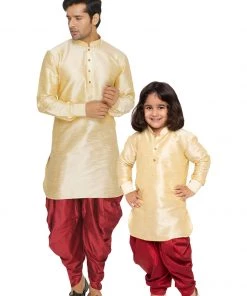 Vastramay Silk Blend Gold And Maroon Baap Beta Dhoti Kurta Set