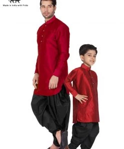 Vastramay Silk Blend Maroon And Black Baap Beta Dhoti Kurta Set