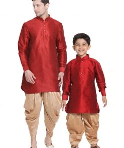 Vastramay Silk Blend Maroon And Rose Gold Baap Beta Dhoti Kurta Set