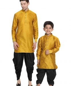 Vastramay Silk Blend Mustard And Black Baap Beta Dhoti Kurta Set