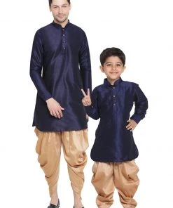 Vastramay Silk Blend Navy Blue And Rose Gold Baap Beta Dhoti Kurta Set