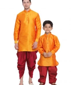 Vastramay Silk Blend Orange And Maroon Baap Beta Dhoti Kurta Set