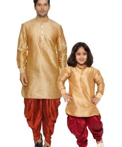 Vastramay Silk Blend Rose Gold And Maroon Baap Beta Dhoti Kurta Set