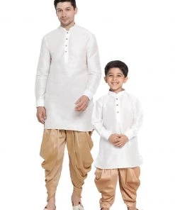 Vastramay Silk Blend White And Rose Gold Baap Beta Dhoti Kurta Set