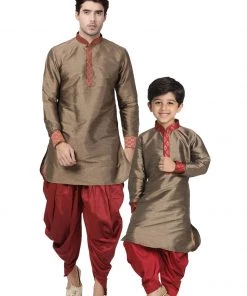 Vastramay Silk Blend Bronze And Maroon Baap Beta Dhoti Kurta Set